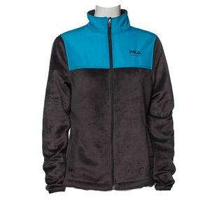 Fila Faux Fur Jacket Zip Up Gray Blue Small Y2K Coat Sporty Outdoor NWOT